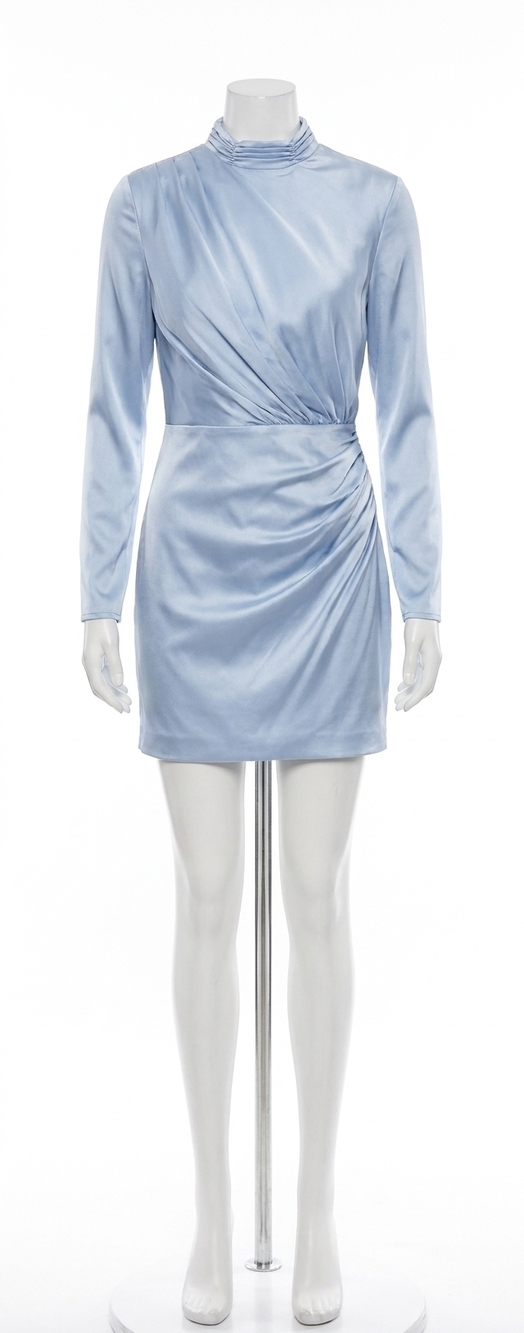 NEW MAC DUGGAL mock neck draped long sleeve mini dress in light blue